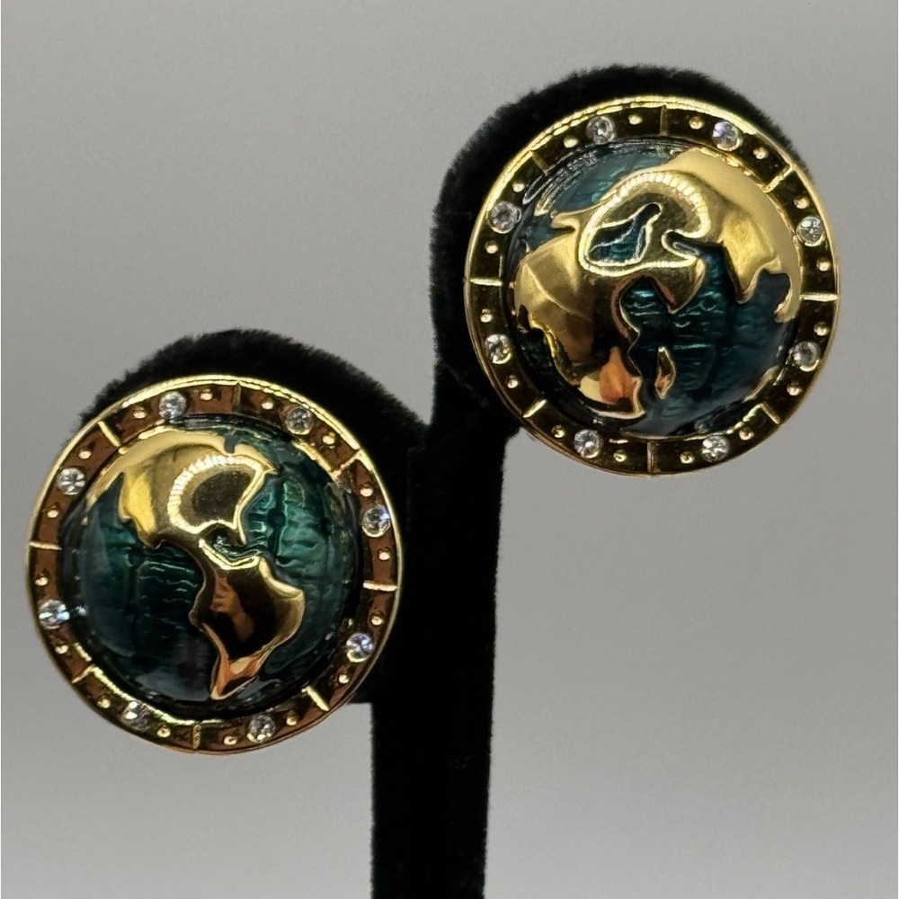 Vintage KJL Kenneth Jay Lane World Peace Globe Enamel Gold Tone Clip On Earrings